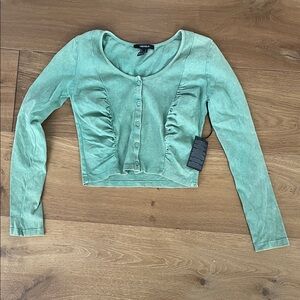 NWT Faded Sage Green Look/ Long Sleeve Button-Up with Gathered front design Top